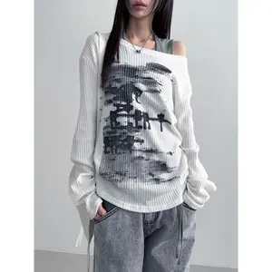2025 Autumn Women Printing Tees Vintage Streetwear Grunge Skew Collar Tops Y2k Aesthetic Loose Casual Vintage Tops winter