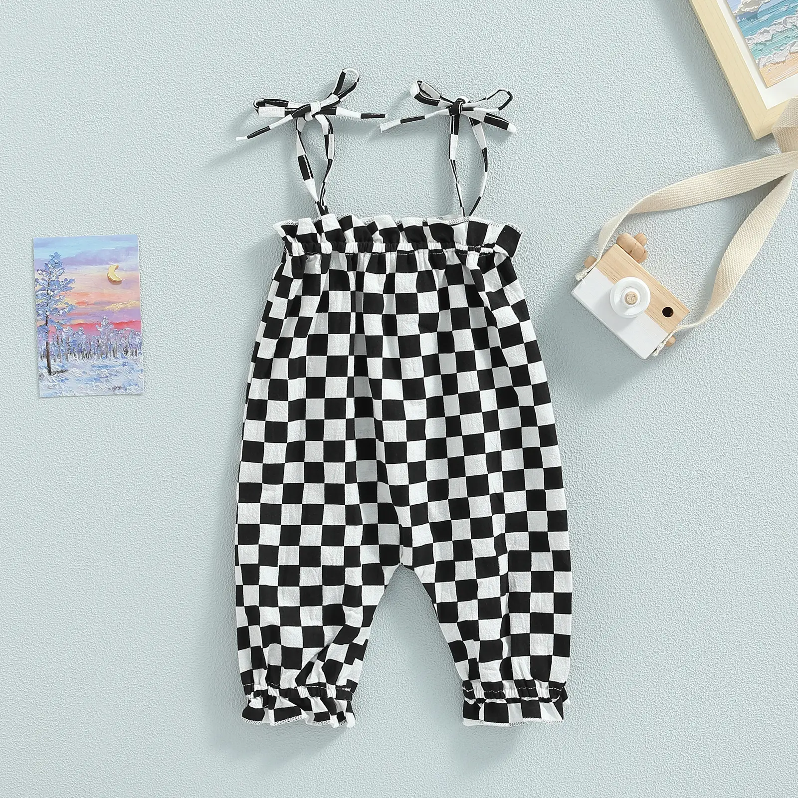 Baby Girls Casual Jumpsuit, Brown Checkerboard Plaid Pattern Sleeveless Tie-up Strap Romper