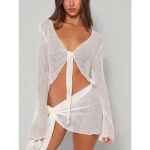 Women Beach Vacation Solid Long Sleeve Sexy Front Knot Cover Up And Mini Skirt 2-Piece Set Clothes Fabric Fit Womenswear Day Suits