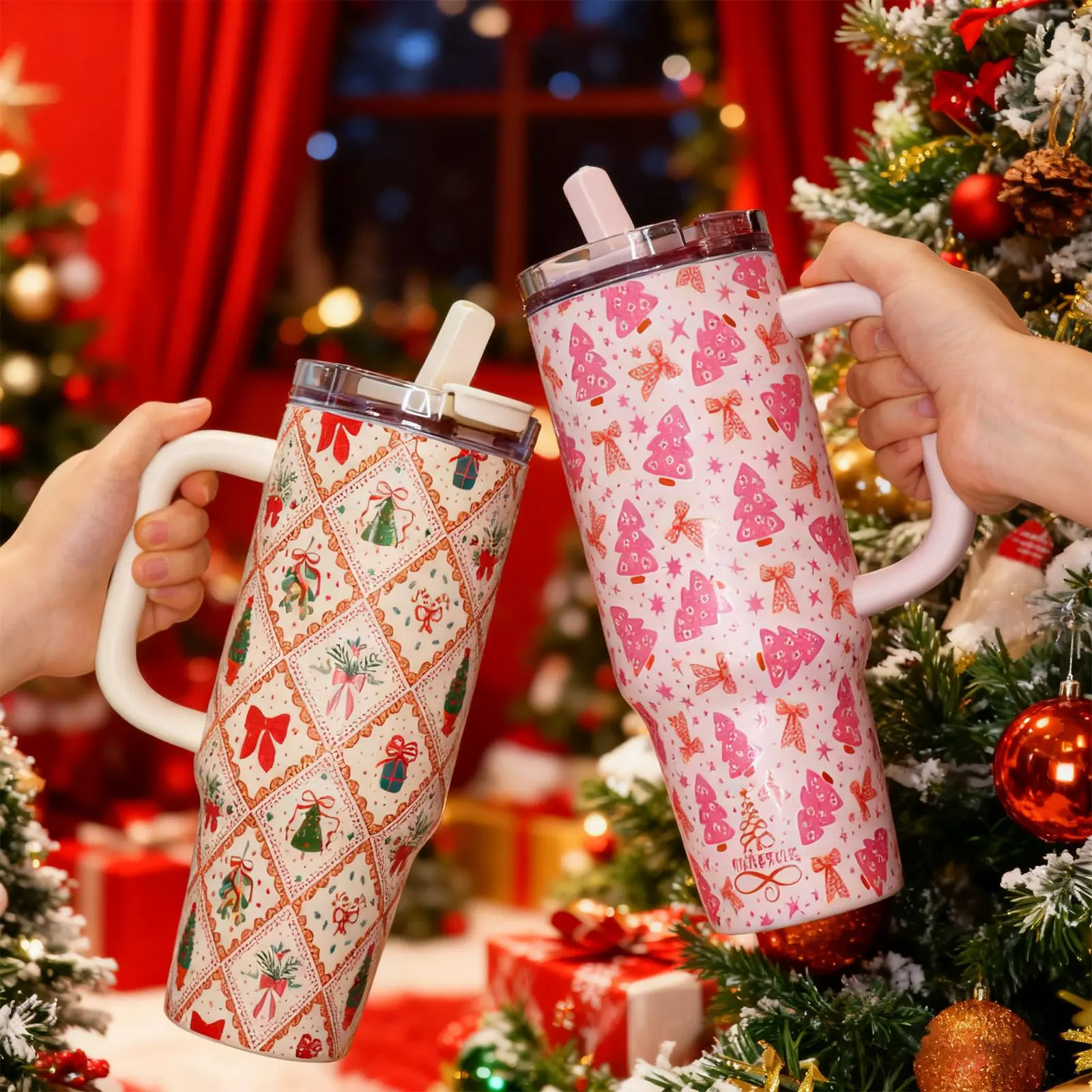 1 Pc 40oz insulated thermal mug with handle, double wall leak-proof vacuum cup, pink Christmas tree and bow pattern, festive holiday design, keeps hot 12 h/cold 24 h, large capacity tumbler, Insulated travel tumbler, Vacuum Flasks