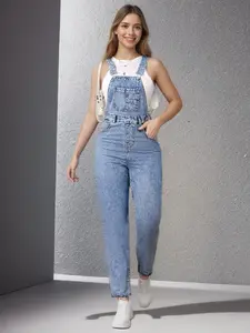 Light Blue Light Wash Summer Denim Jumpsuit Overalls, American Vintage Loose Fit, Casual Fitted Style, Plain Pattern, Elevate Your Height