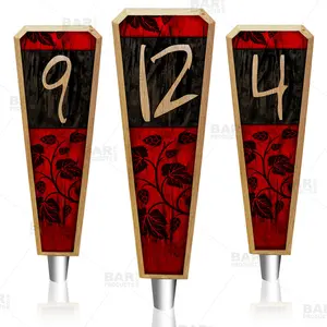 Wooden Numbered Beer Tap Handles - Oak Wood, 8x3 in, Beveled Edge, Custom Numbers, Red-Black Rust Grunge Finish, Kitchenware Drinkware Accessory