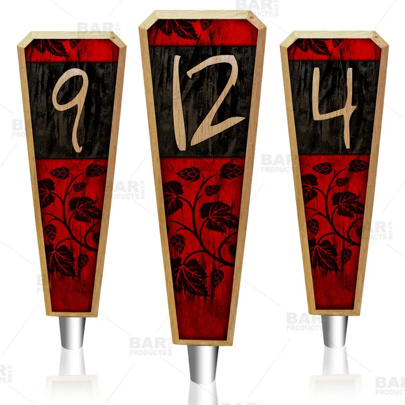 High-Endurance Oak Wooden Numbered Beer Tap Handles - 8x3 in, Sturdy, Beveled Edge, Number Choice, Add a Custom Number, Red-Black Rust Grunge Design, Sets Available, Craft Beer Bars Kitchenware Drinkware Accessory, Rustic Look