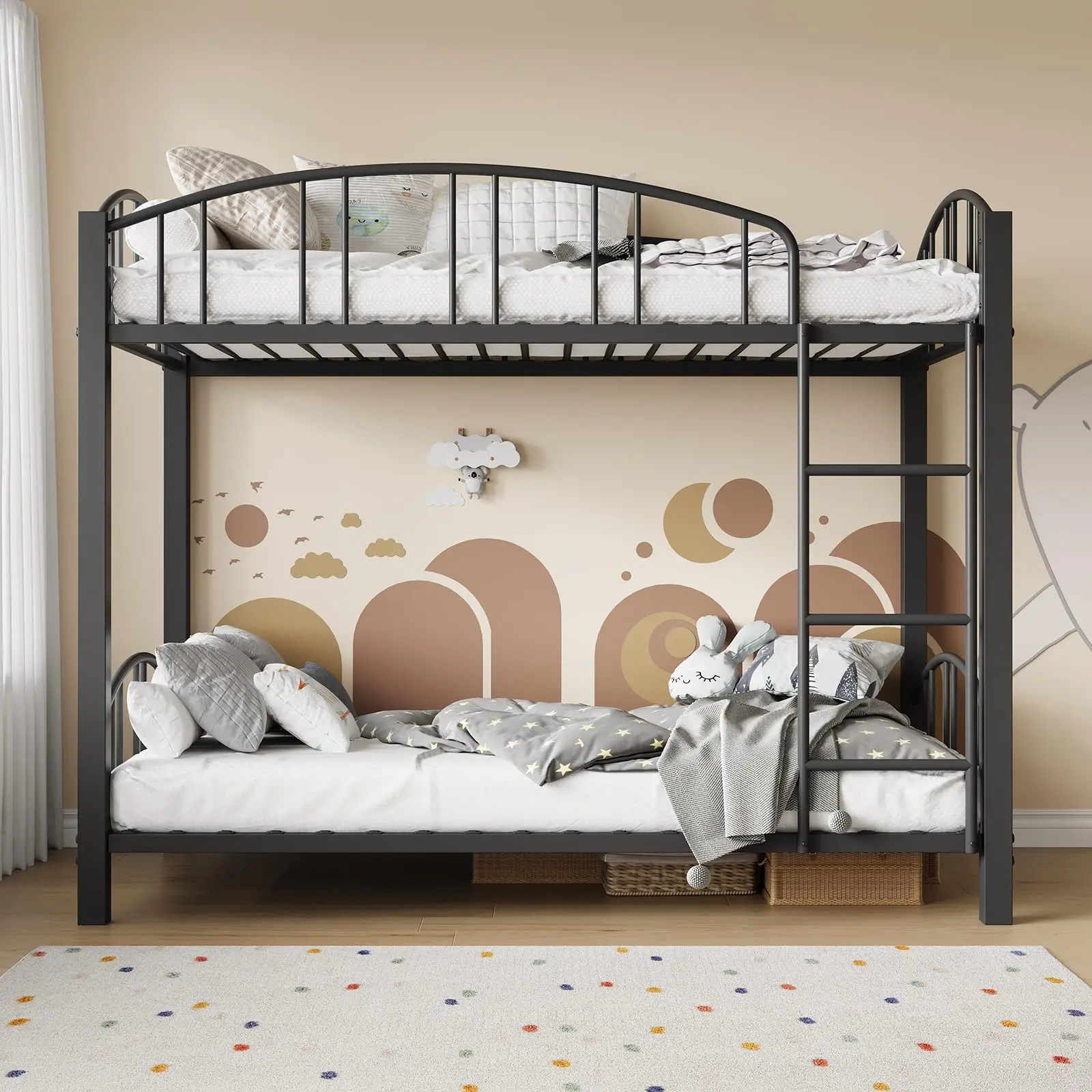 【GARVEE】Twin Over Twin Bunk Bed with Stairs and Arched Guardrail, Sturdy Metal Slats Support, Space Saving Design, Noise Free, No Box Spring Needed, Ideal for Dorm and Bedroom, Black Finish