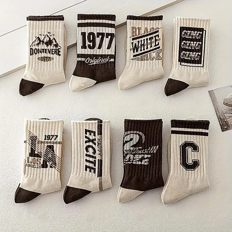 5 pairs of men's retro inspired socks vintage letter patterns neutral earth tones comfortable athletic fit perfect for outdoor activities basketball sports durable knit fabric for long lasting wear