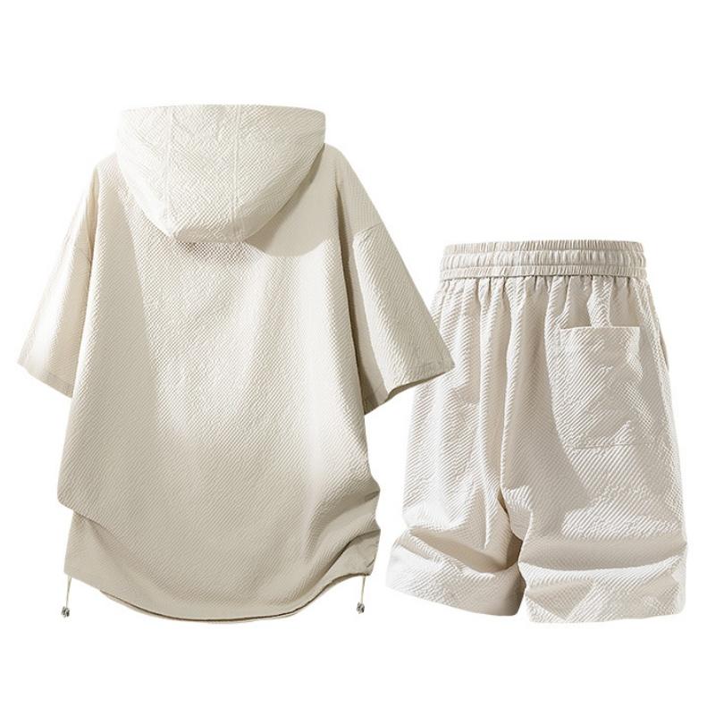 New summer casual men’s short-sleeve T-shirt and shorts set featuring bubble plaid, a hood, faux solid color, minimalist style—versatile loose fit two-piece set. #SummerWins