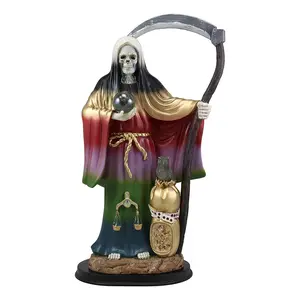 Large 16.75"H Rainbow Holy Death Santa Muerte Holding Scythe Globe W/ Owl Statue