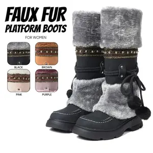 Womens Snow Boots Mid Calf Boot Furry Plush Faux Fur Shoes Round Toe Chunky Platform Heel Pom Pom Balls Lace Up Easy Pull On Warm Cozy Comfy Indoor Outdoor Party Work Casual Wear Boots-Inspired by Mukluks / Maintoba Boots