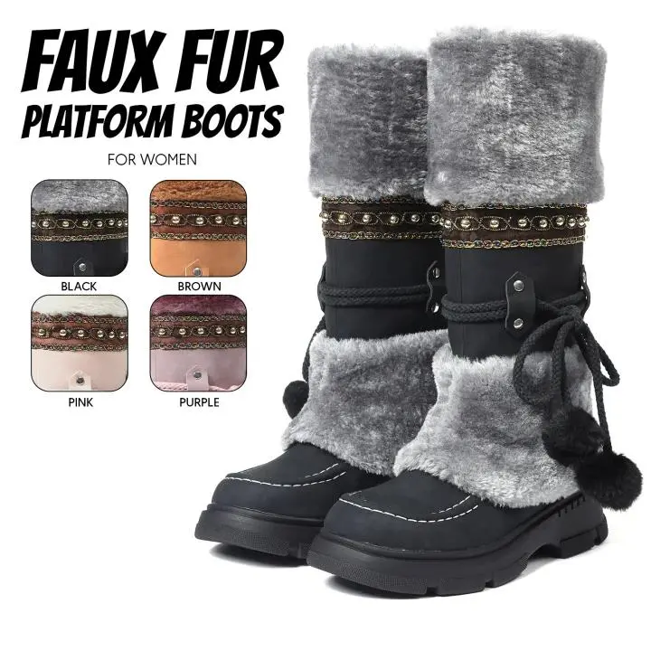 For Women Mid Calf Boot Round Toe Chunky Platform Heel Pom Pom Balls Lace Up Easy Pull On Boot Furry Faux Fur Snow Shoes Warm Cozy Comfy Indoor Outdoor Party Work Fashion Fur y2k Cute Boots
