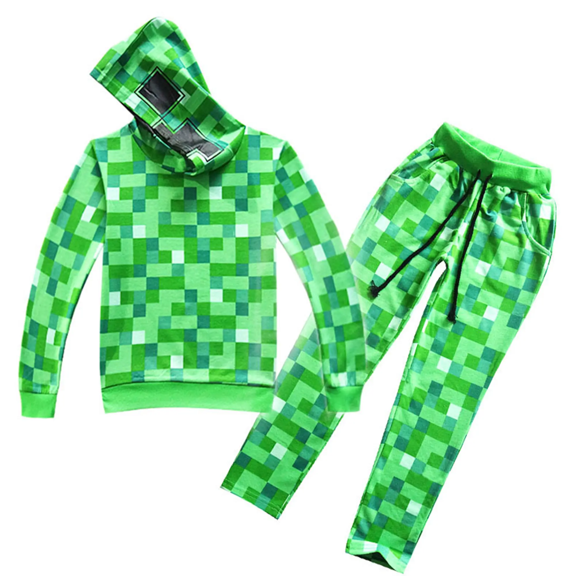 Green Pixel Block Costume Set, Boys Zipper Hooded Sweatshirt & Pants Outfit, Halloween Cosplay Tracksuit with Mask Hood