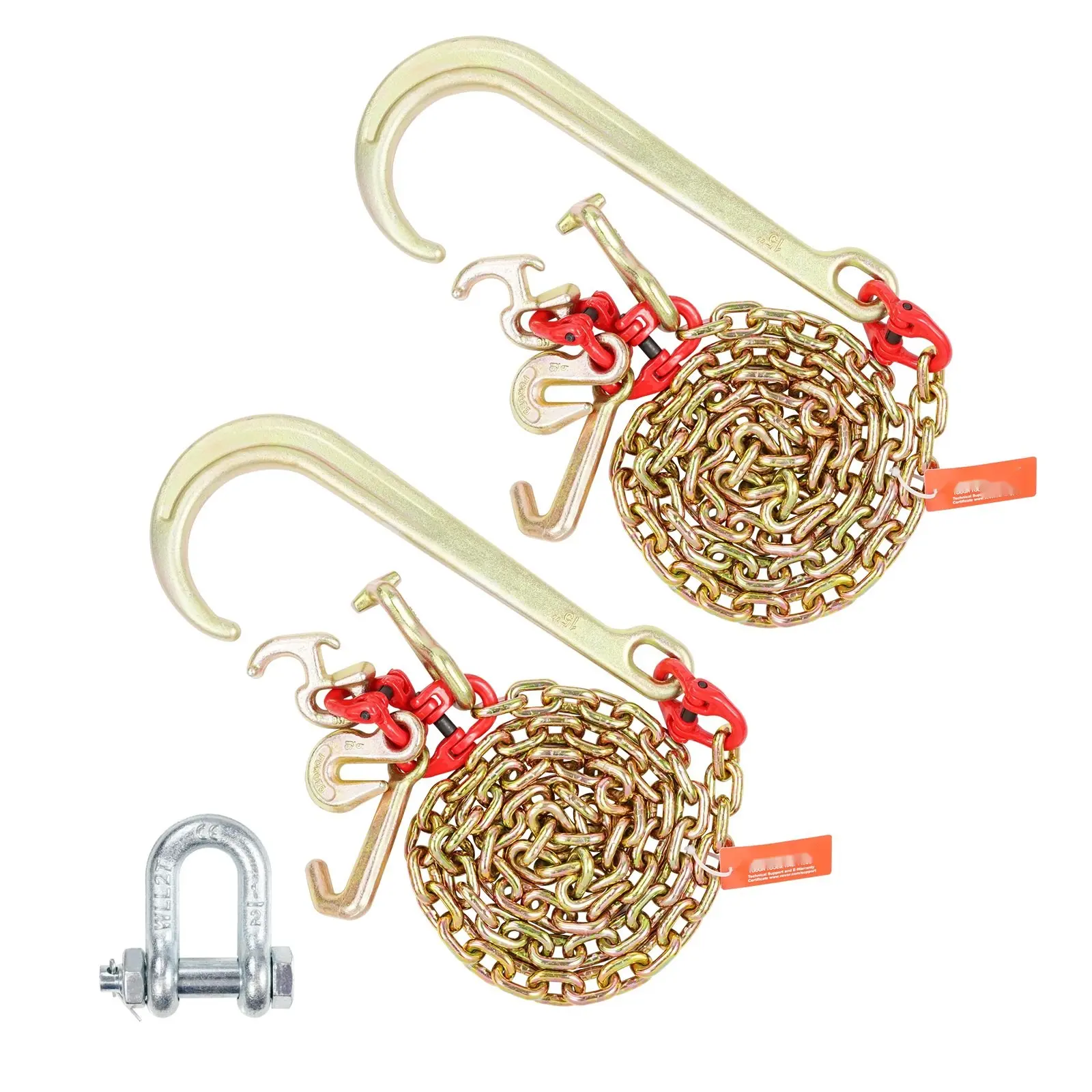 2 Pieces 5/16-Inch By 6-Foot G80 Tow Chain With 15-Inch J Hook, Long Shank RTJ And Grab Hooks For Wrecker And Vehicle Recovery, Heavy Duty Tow Chain Set, Ideal For Tow Trucks, SUV Recovery, Auto Repair, And Heavy-Duty Towing