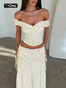 Women Summer Short Sleeve Tops High Waisted Long Skirt Polka Dot Beach Vacation Two Piece Set Casual Set Outfit