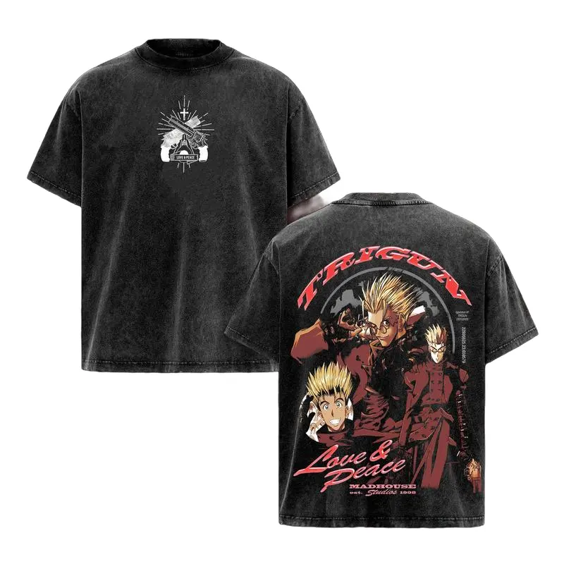 Vash The Stampede Acid Washed Cotton T-shirt, Vintage Graphic Tee Washed For Fans Anime Trigun, Unisex Hot 2026 Design Top Streetwear Anime Manga T-shirt Clothes Menswear Womenswear