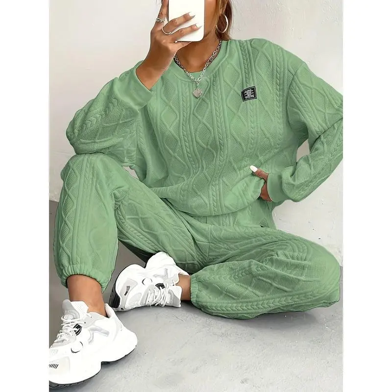 Women's Cozy Textured Pants Set - Soft Long Sleeve Crew Neck Sweatshirt,  Comfortable Jogger Sweatpants Outfit, Autumn Winter Women's Wear Fabric  Knit - TikTok Shop