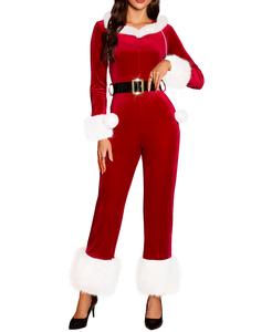 RSLOVE Women's Christmas Jumpsuit - Velvet Santa Costume Faux Fur Trim One Piece Holiday Xmas Outfit with Belt Red