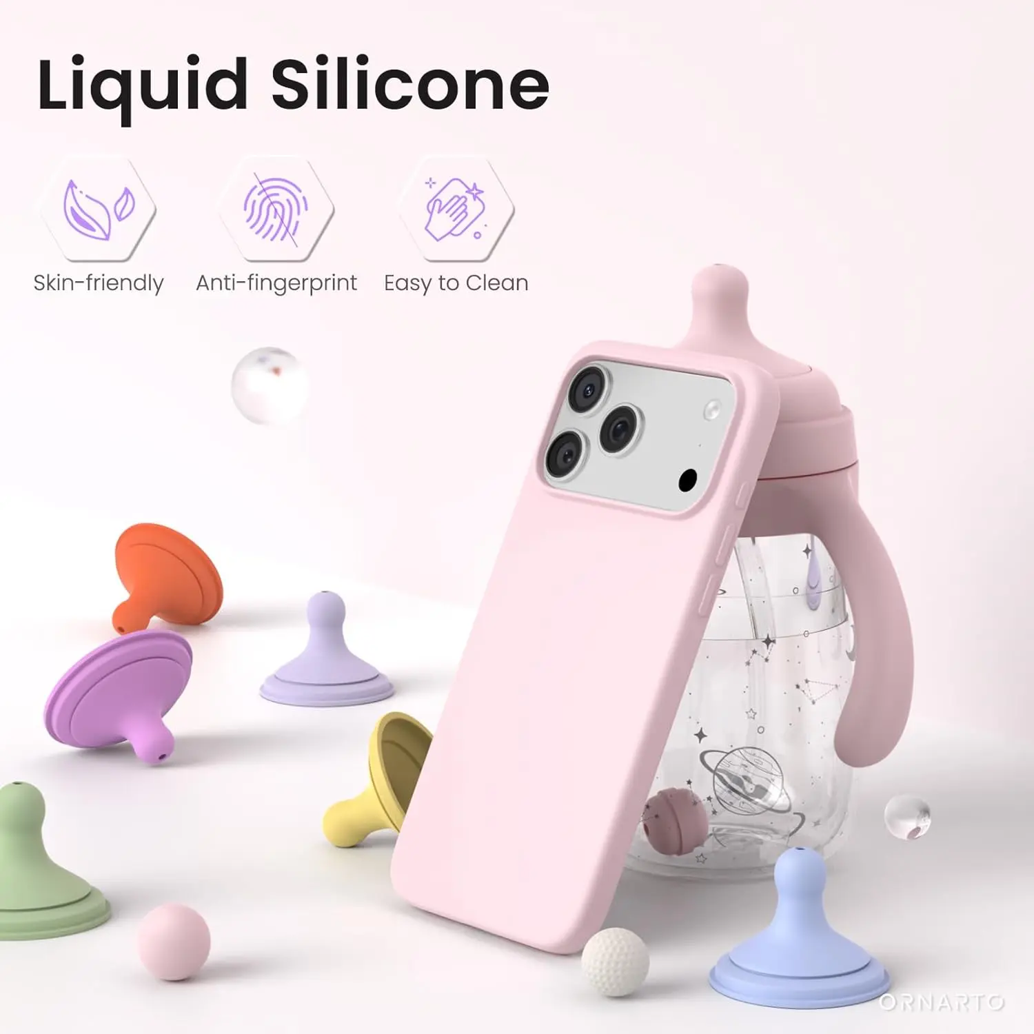 Slim 3-Layer Liquid Silicone Case for iPhone 17 Pro Max (6.9 in), Shockproof Soft Gel Rubber Cover with Scratch-Res. Microfiber Lining - Blush Pink