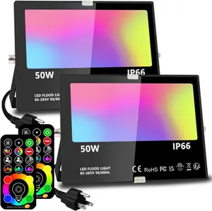 Led Flood Light 500W Equivalent, RGBW Led Outdoor Lights Colored Floodlight with Remote,50W,5000ML 2700K,120 Colors, Timing, Dimmable, Custom Modes, Landscape Lighting (2 Pack)