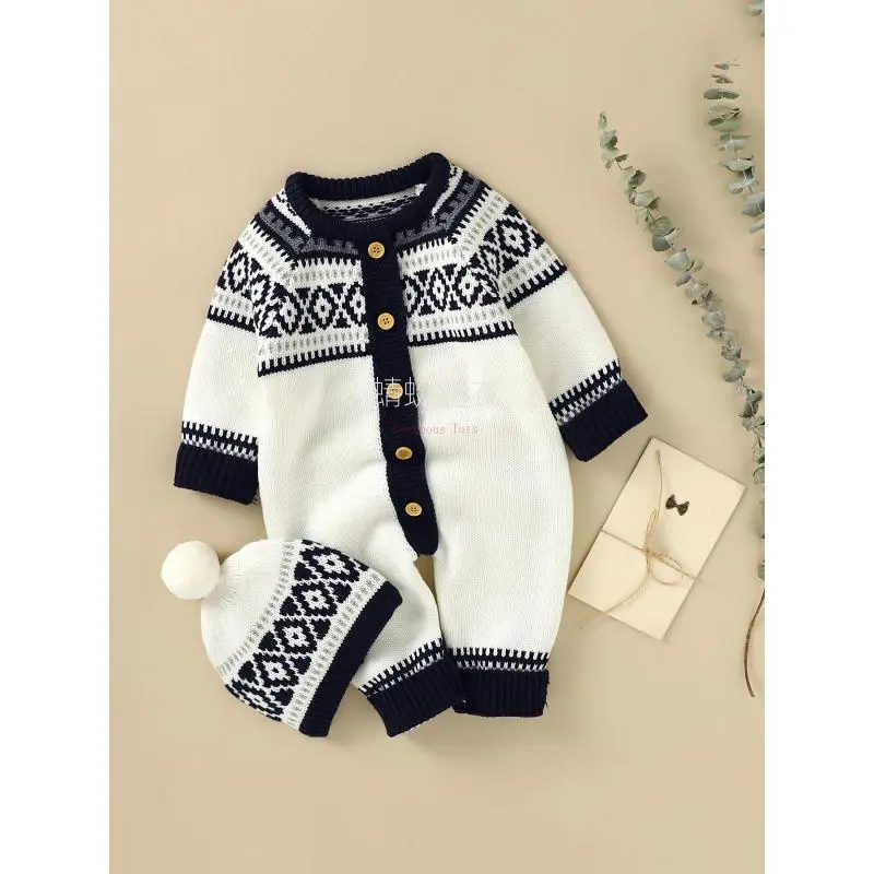 DM NewNewborn Infant Geometric Pattern Sweater Romper Long Sleeve Button Jumpsuit & Hat  Toddler Baby Boys And Girls, Suitable  Indoor And Outdoor Wear Stars Zipper gentleman suit winter neck short 2-piece in st fall casual communion Shirt for plaid tract