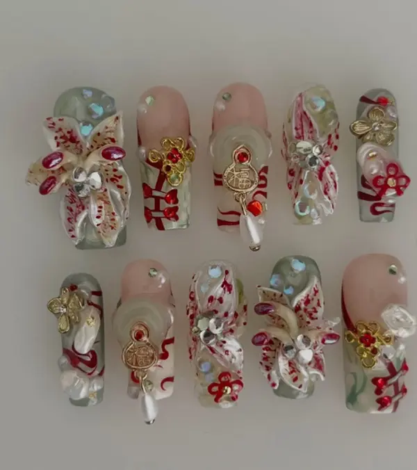 3D Lily Press On Nails, Red Ivory Floral Charm Nail Set with Pearl Pendant, Long Handmade Reusable Asian Style False Nails