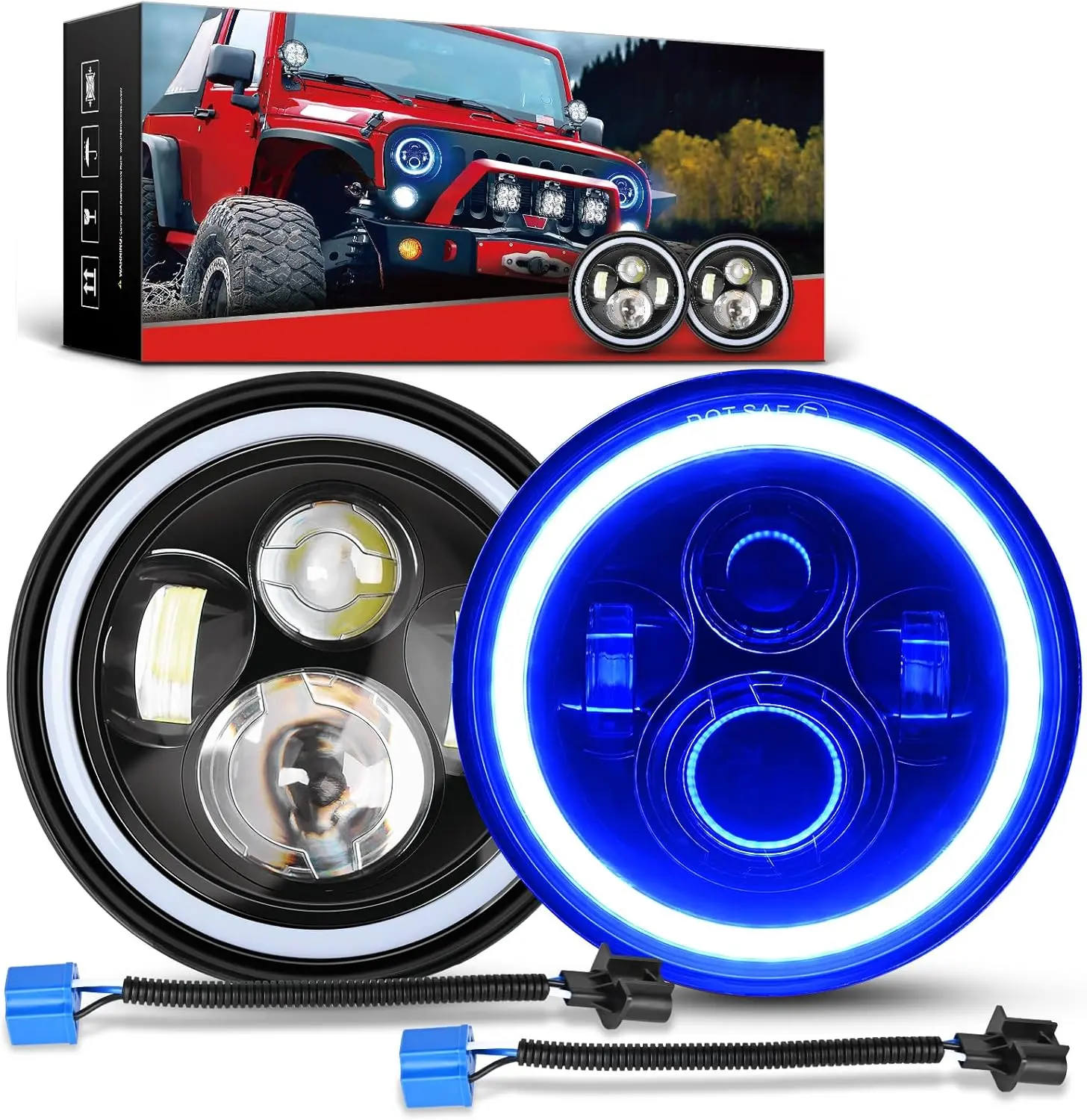 Nilight 7-Inch Round High Lumen LED Halo Car Headlights - Amber Turn Signal, Blue DRL, High-Low Beam - Compatible with 2007-2018 Wrangler JK JKU Automotive Accessories, High Lumen Headlight