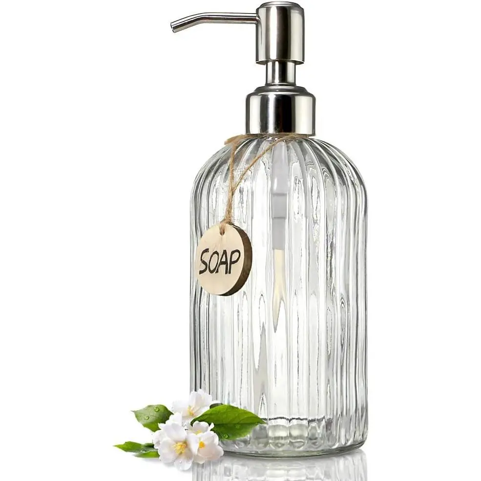 JASAI 18 Oz Clear Glass Soap Dispenser with Rust Proof Stainless Steel Pump, Refillable Liquid Hand soap Dispenser for Bathroom, Premium Kitchen Soap Dispenser (Clear).