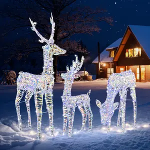 3-Piece Lighted Iridescent Christmas Reindeer Family Set Outdoor Decorations, Weather Proof Deer Family Set of 3 Christmas Ornament Home Decor Pre-lit 270 LED Warm White Lights with Stakes