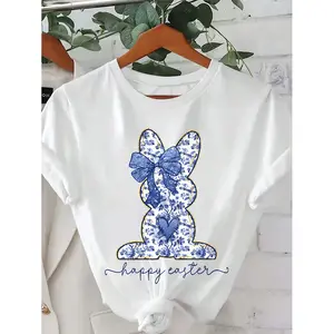 Happy Easter Graphic Tee, Round Neck Short Sleeve Printed Casual Top For Women, Featuring Rabbit, Floral, And Bow Patterns
