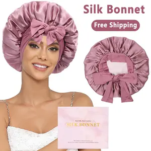AWAYTR 100% Mulberry Silk Bonnets for Sleeping Women Double Layer Silk Hair Bonnet Natural Silk Sleep Cap with Elastic Tie Reversible Hair Wrap