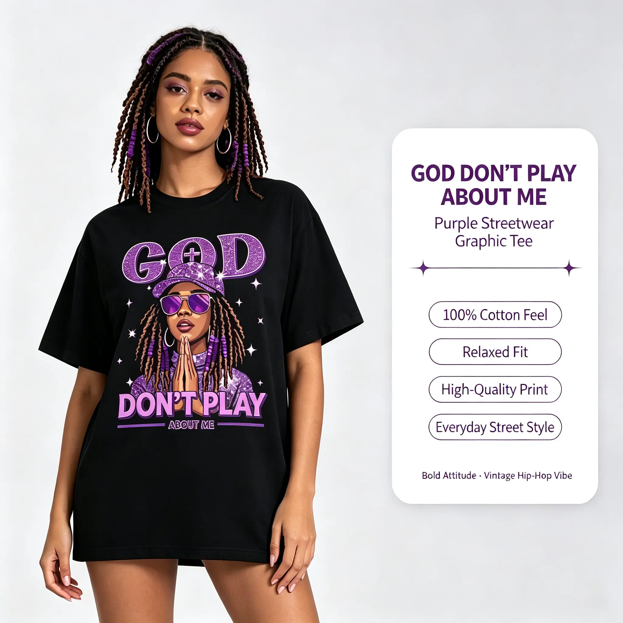 Women's 100% Cotton Oversized Short-Sleeve Streetwear Tee - Christian Faith Motivational "God Don’t Play About Me" Praying Black Queen Graphic, Glitter, Breathable, Comfortable Fabric, Casual Piece, Statement Fit Clothes, Back to School