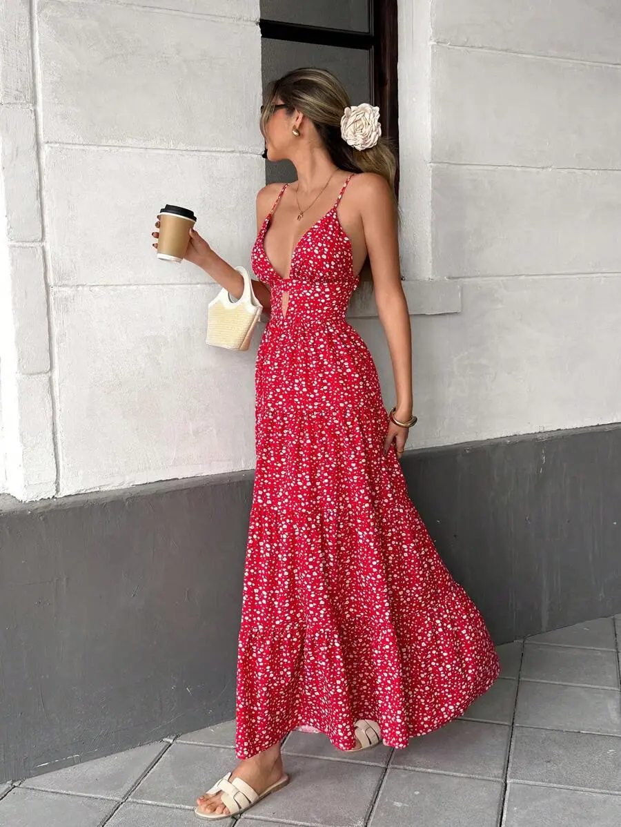 Pariaura Boho Red Ditsy Floral Maxi Dress, Women's Deep V Neck Spaghetti  Strap Cutout Dress, Tiered Flowy Backless Long Dress For Summer Beach  Vacation Cheetah Print Leopard Print - TikTok Shop
