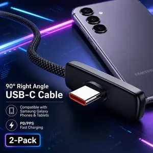 2-Pack 90° Right Angle USB-C Fast Charging Cable for Samsung Galaxy S24 Ultra, S23 Ultra, Z Fold 6 & Galaxy Tab – PD/PPS Compatible, Supports Up to 100W, Braided Gaming Charger