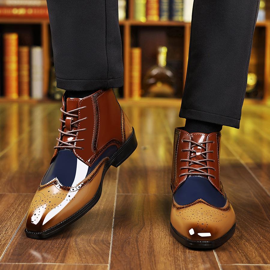 Men's mid-top wingtip Oxford formal shoes - Patent leather finish, Brogue details, fashionable and comfortable, suitable for business and formal events