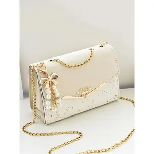 Women's Colorblock Glitter Star Crossbody Bag – Elegant Chain Strap Shoulder Bag with Faux Pearl Charm, Fashionable for Girls