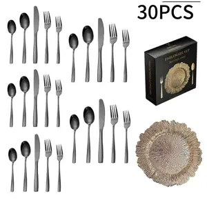 30-Piece Gold Rim Glass Western Dinnerware Set, Includes Stainless Steel Knife & Fork, Elegant Salad Plates, Steak Plates, Fruit Bowls, Dinnerware Service Set