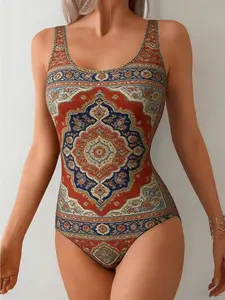 Women's Vintage Persian Pattern Printed Swimsuit One-Piece Shorts Swimwear Beachwear Summer Floral Pattern U-Neck Sleeveless Swimsuit Set