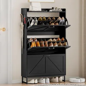 Shoe Cabinet with 3 Flip Drawers, Freestanding Hidden Shoe Storage Organizer for Entryway, Narrow Slim Shoe Rack Cabinet with Open Storage & Hooks for Front Door Entrance, Living Room, Hallway, Grey，black，white