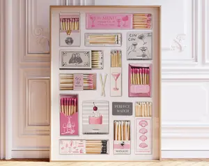 Vintage Matchbox Print, Trendy Matchbook Poster, Retro Pink Matches Wall Art, Funky Aesthetic Print for Apartment, Print On Paper, Un Frame