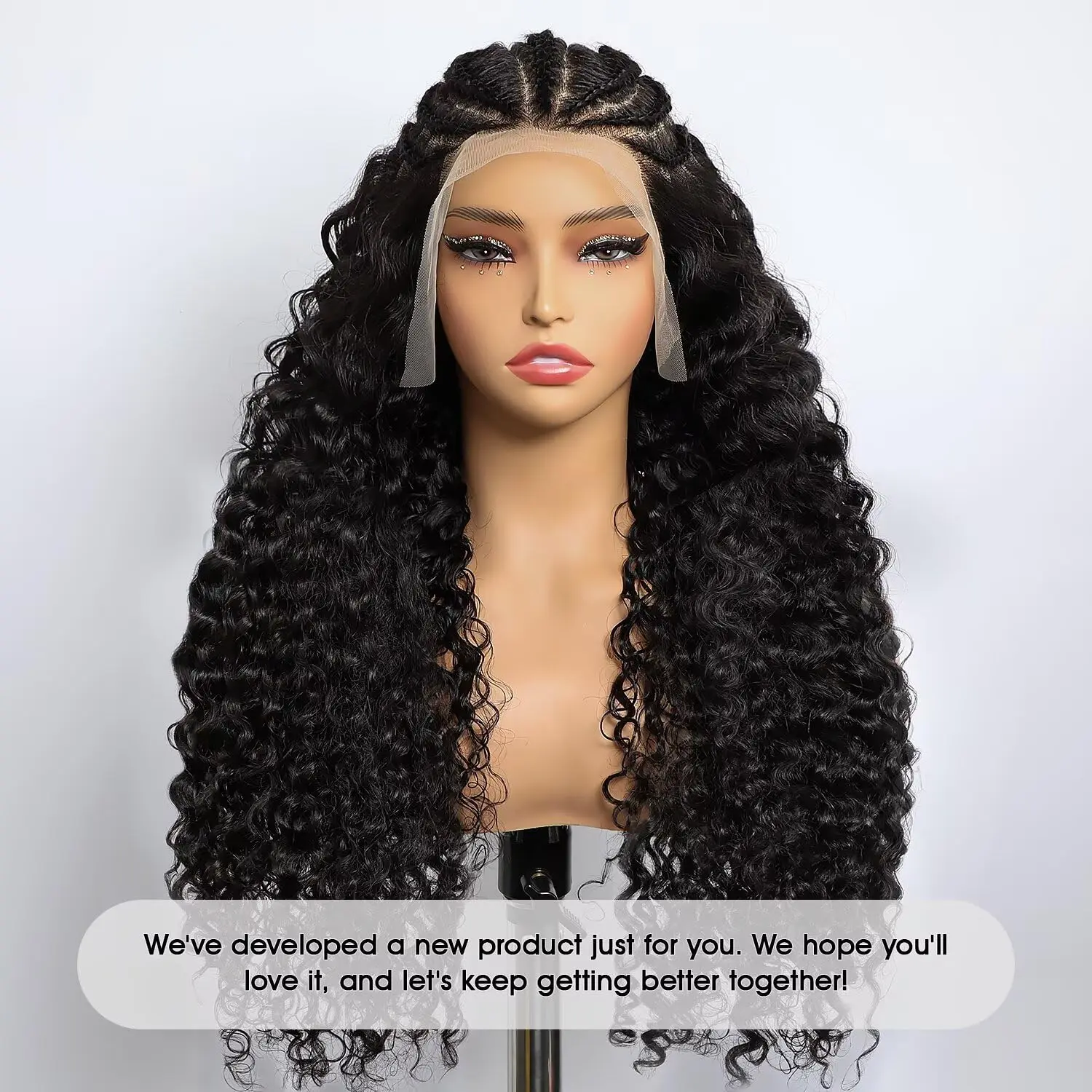 RXC【Pre Styled Braid Wigs】 with Curly End 13x6 Lace  Half Cornrows Half Deep Wave Curly Wig Invisible Lace Glueless Pre Plucked Fiber Wig Curly Bleached Knots Lace Braided Wig Lace Synthetic Wig