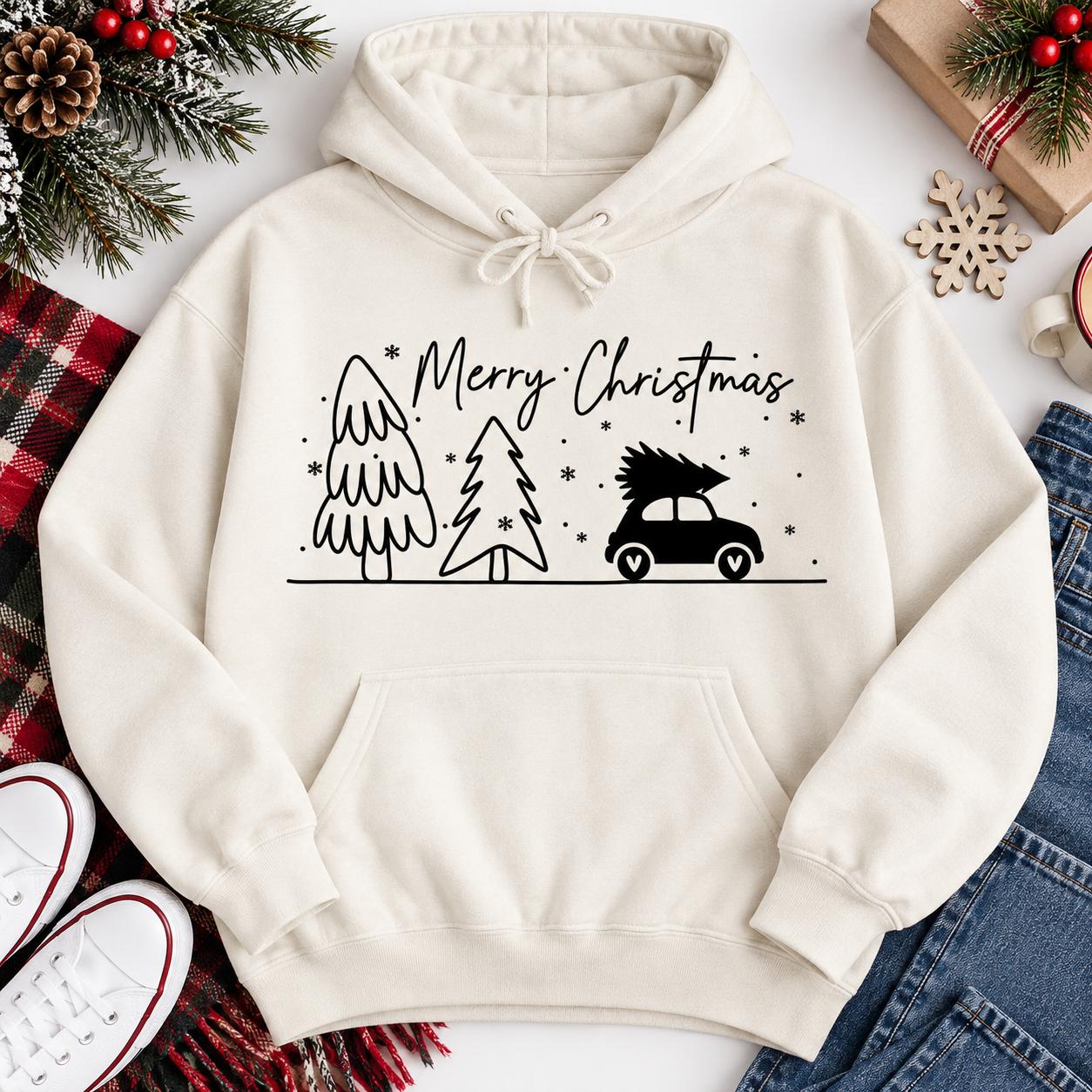 Christmas Tree Car Shirt, Merry Christmas T-Shirt, Cozy Holiday Sweatshirt Hoodie, Minimal Winter Graphic Gift
