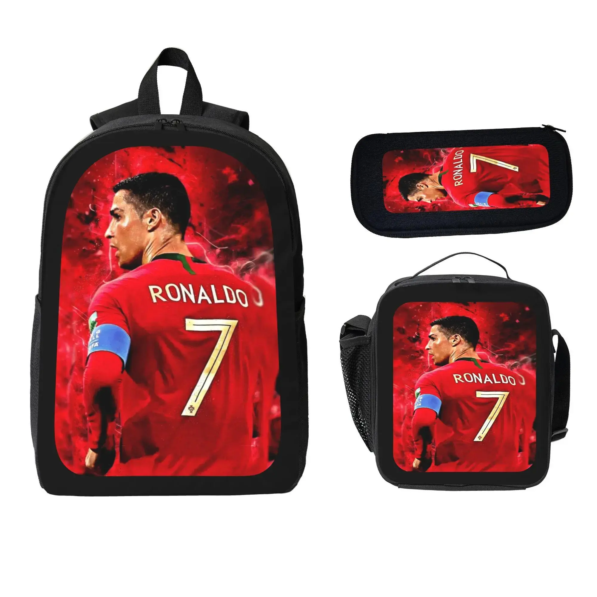 Boys' 3-Pcs School Size Backpack Set - Ronaldo Number 7 Red Jersey Player Print, Includes Lunch Bag & Pencil Pouch for Kids Students, School Size Backpacks