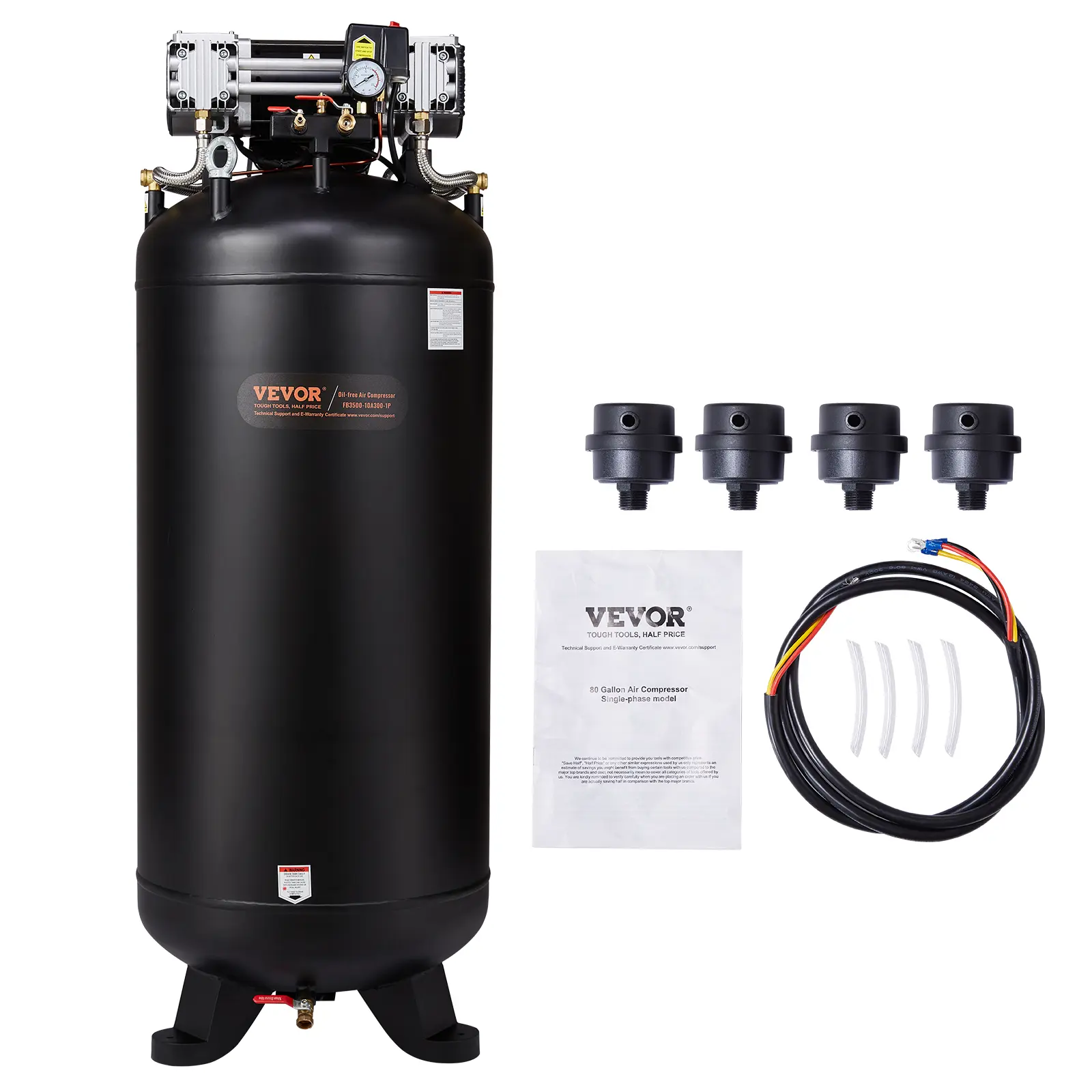 【summerfinds】VEVOR 80 Gallon Air Compressor, 6.5HP 15.5SCFM@90 PSI, 145PSI Oil Free Stationary Air Compressor Tank, 86dB Ultra Quiet Compressor for Industrial Manufacturing, Construction Sites, Auto Repair