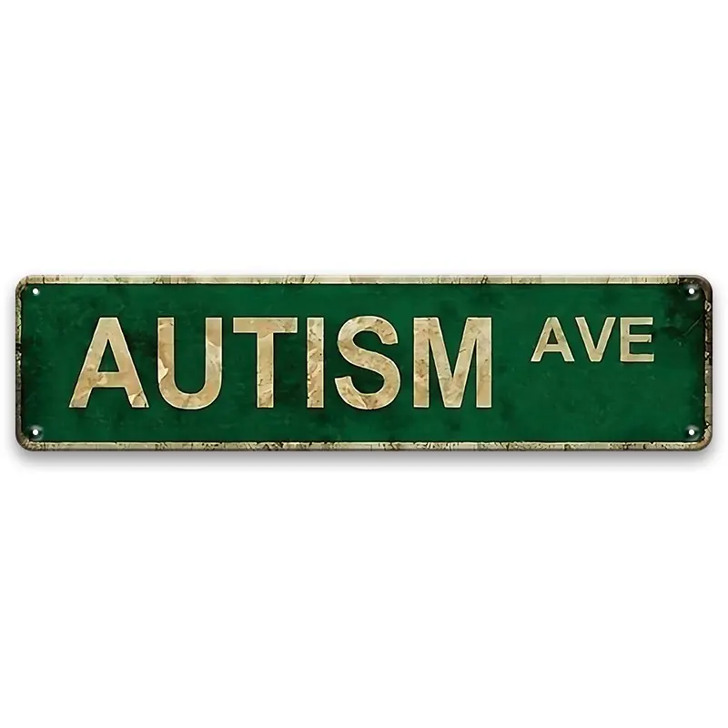 Vintage Autism Ave Metal Tin Sign, 4 x 16 Inch Distressed Green and White Wall Decor for Home, Bar, Cafe and Garage, Country Street Sign Style Metal Plaque, Garage Decor, Metal Signs