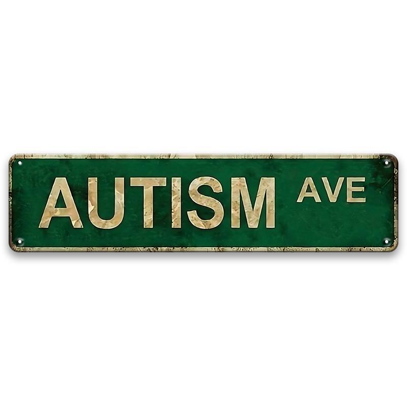 1 Vintage "Autism Ave" Metal Tin Sign (4" x 16") - Distressed Green and White, Wall Decor for Home, Bar, Cafe, Garage | Country Street Sign Style, Vintage Tin Sign, Wall Metal Plaque, Home Decor Products, Vintage Garage Signs