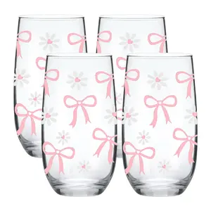 17 oz Bow&Daisy Pattern Highball Glasses, 1/4 Pack Tall Glass Sets, Crystal Glass Drinking Glasses. Water Glasses, Mojito Glass Cups, Tom Collins Bar Glassware, Mixed Drink Cocktail Glass Set