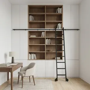 Easelife 10FT Rolling Library Aluminium Step Ladder 120" with 4FT Sliding Hardware Track Kit Bottom Wheel for Kitchen Loft Warehouses Bookstore Attic Dressing Room Metal Black