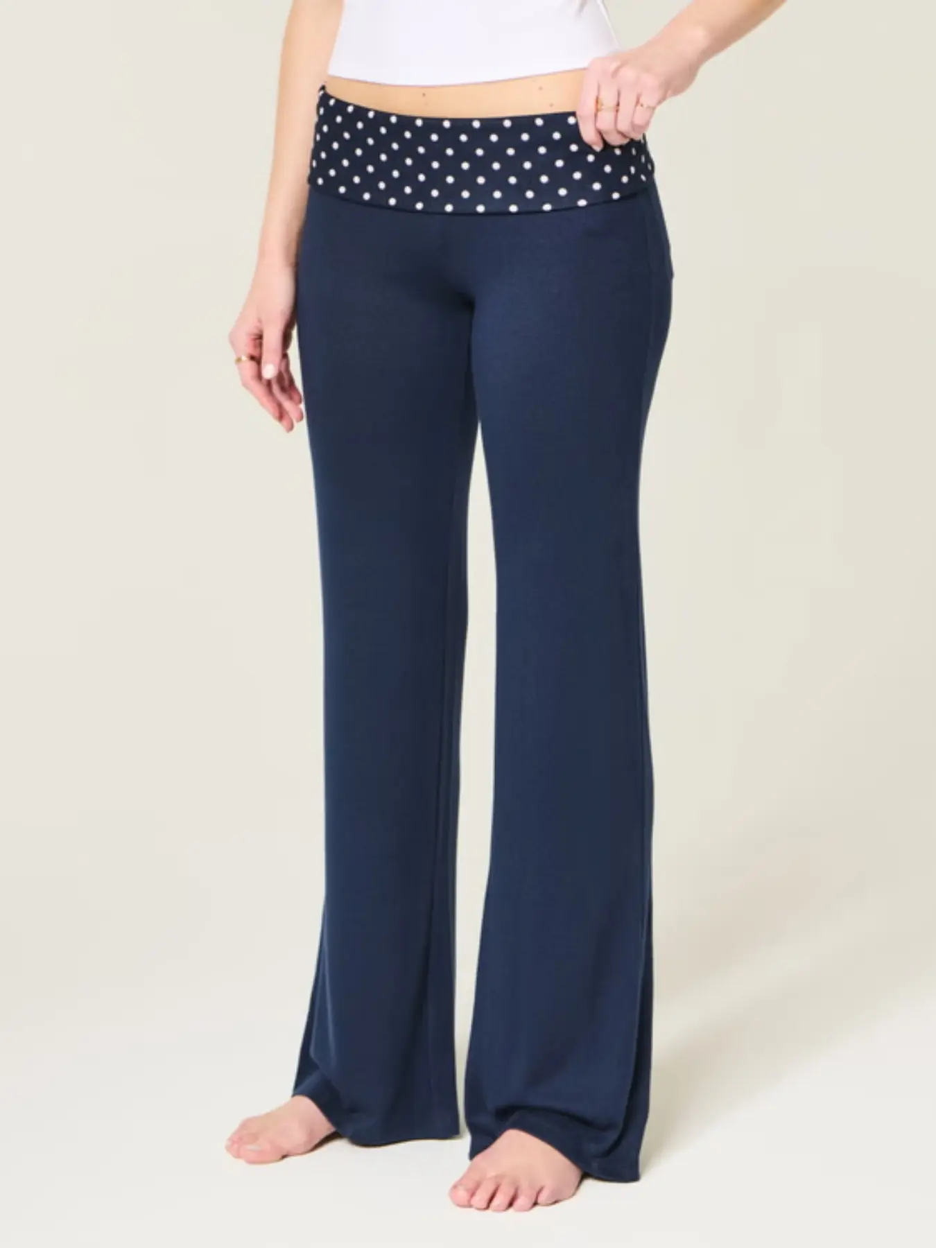 Y2K Polka Dot Foldover Waist Flare Sweatpants, Casual Plaid Bow Design Bottom, Fitted All-Season Loungewear, Heather Finish, Women, Stretchy