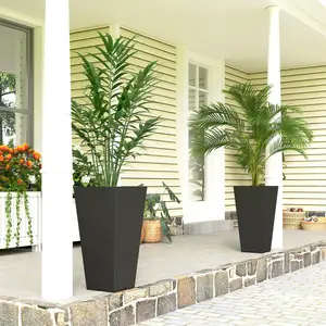 Set of 2 23" Tall Planters – Black, 11.8" Square x 22.8"H. PP Material – UV & Crack Resistant. Stackable for Storage. 55 lb Capacity. Perfect for Front Door or Patio
