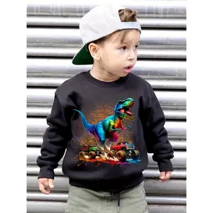 Boys' Autumn and Winter Fashion Fleece-Lined Hoodie with Dinosaur Print, Loose Fit Long Sleeve Pullover Sweatshirt