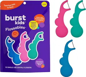 BURST Junior Flossables - Strawberry Flavor, Ergonomic Design, Biodegradable Materials, 90 Dental Flossers per Package, Daily Use