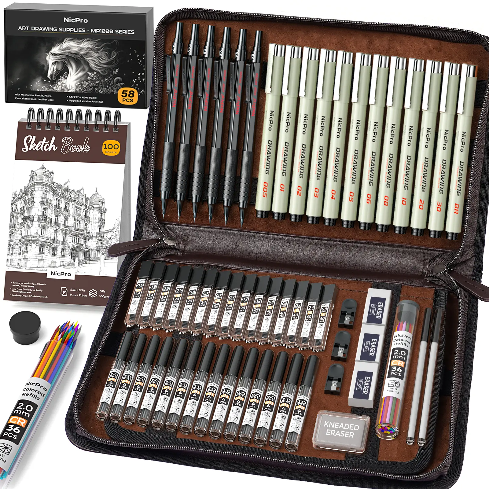 Nicpro 58PCS Art Drawing Supplies Kit with Leather Case - Mechanical Pencil Set (0.5, 0.7, 0.9, 2mm Black Metal Graphite Pencils), 12 Micron Pen, Sketch Books, 30 Tube Lead Refills for Art School Sketching, Graphite Pencil, Art School Supplies